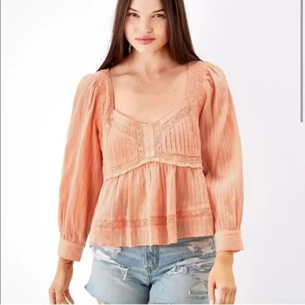 American Eagle Boho V Neck Peach Peasant Statement Sleeve Blouses Flowy XL